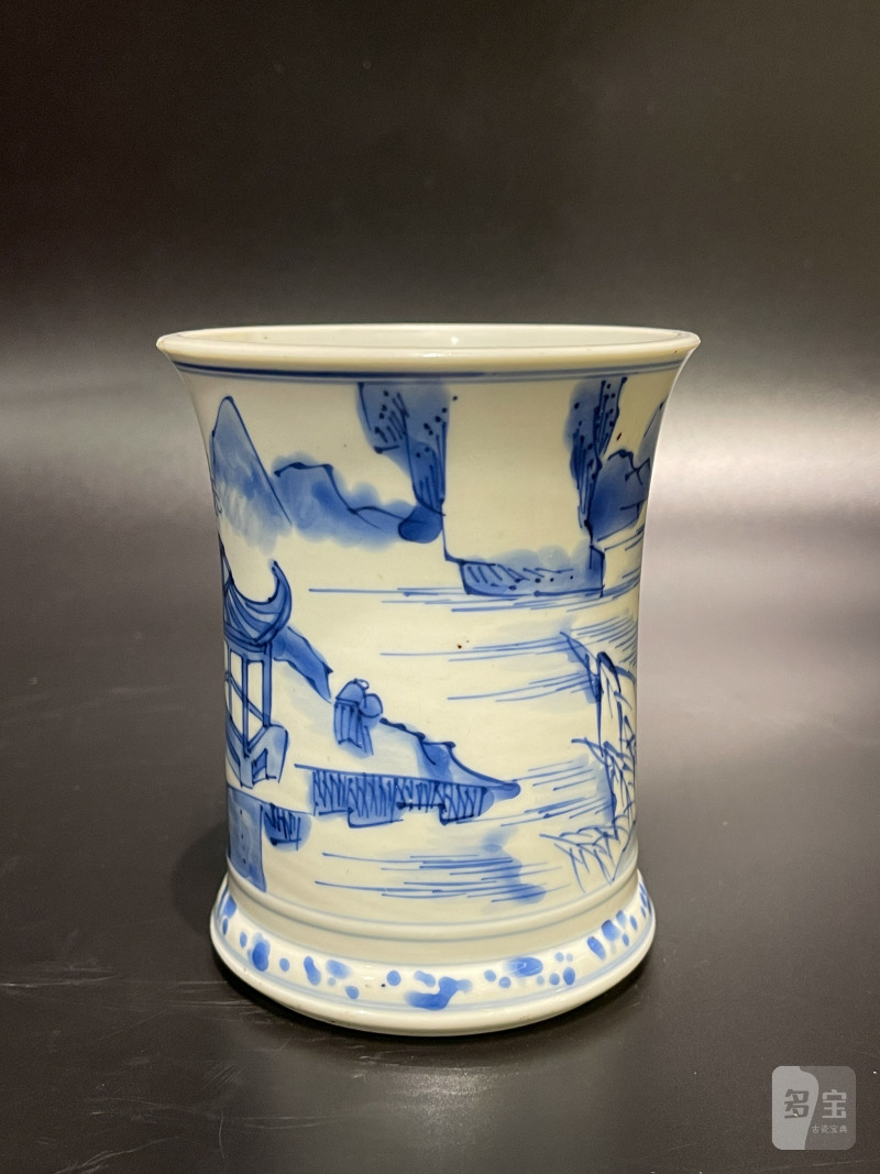 清康熙 青花山水亭阁图笔筒 - 图2